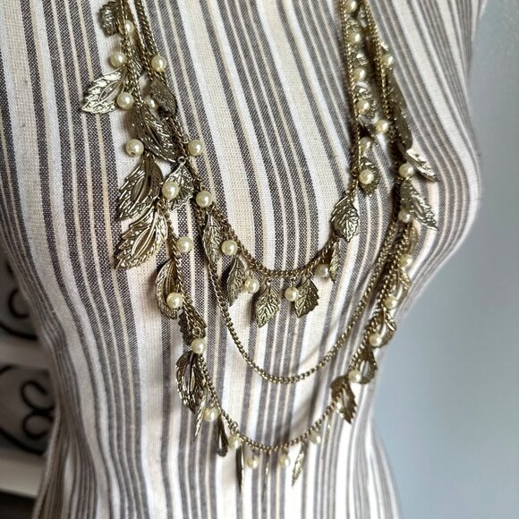 Long Gold Tone Multi-Chain Necklace with Faux Pearls and Leaves - Picture 4 of 5